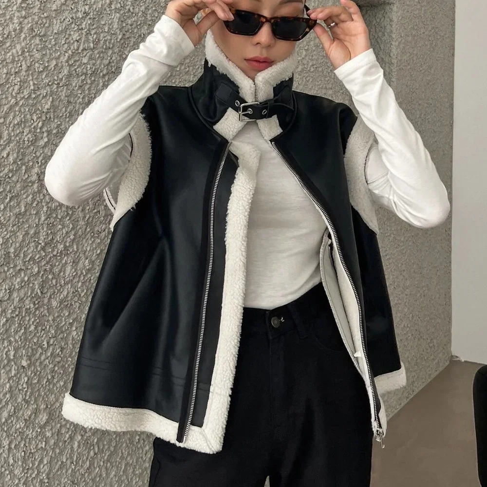 Black And White Boho Womens Contrast Trim Zip Up PU Vest Coat - Picture 5 of 6